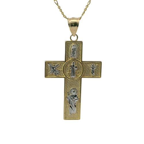 14KT Gold Charm Small Two Tone Catholic Saints Cross with Virgin Mary, St Michael, St Charbel, St Christopher, and St. Jude Center and Plain Bell