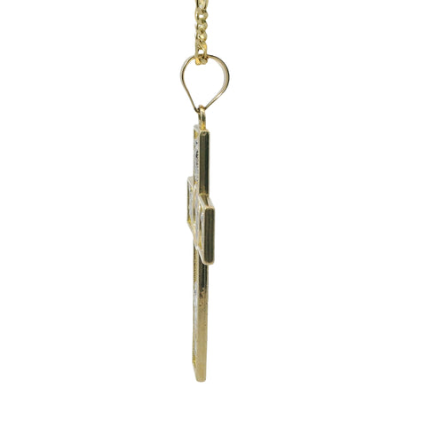 14KT Gold Charm Small Two Tone Catholic Saints Cross with Virgin Mary, St Michael, St Charbel, St Christopher, and St. Jude Center and Plain Bell