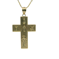 14KT Gold Charm Small Two Tone Catholic Saints Cross with Virgin Mary, St Michael, St Charbel, St Christopher, and St. Jude Center and Plain Bell