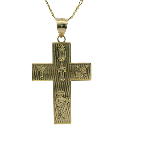 14KT Gold Charm Small Two Tone Catholic Saints Cross with Virgin Mary, St Michael, St Charbel, St Christopher, and St. Jude Center and Plain Bell