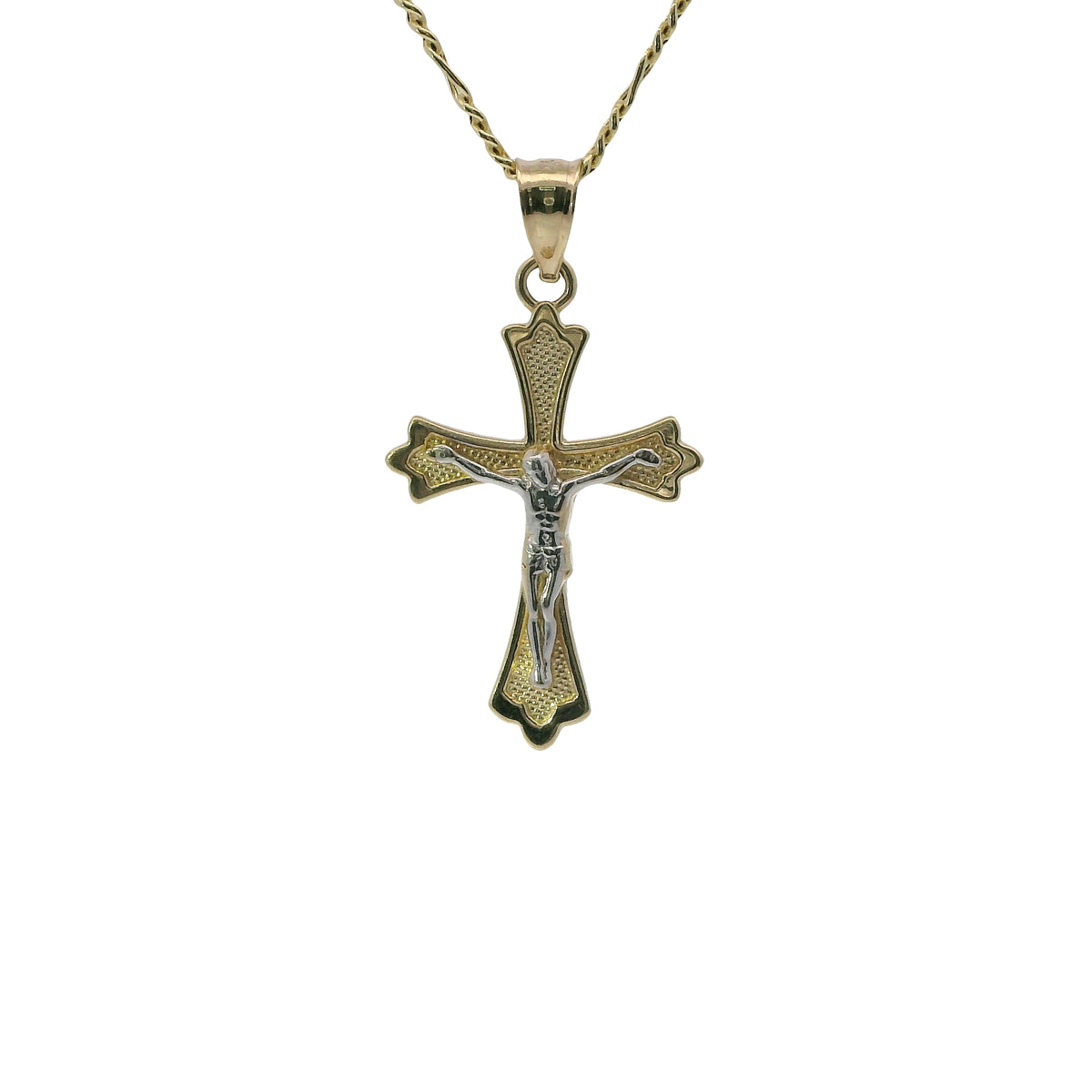 14KT Gold Charm Small Two Tone Point Flare Ends Crucifix Cross with Plain Bell