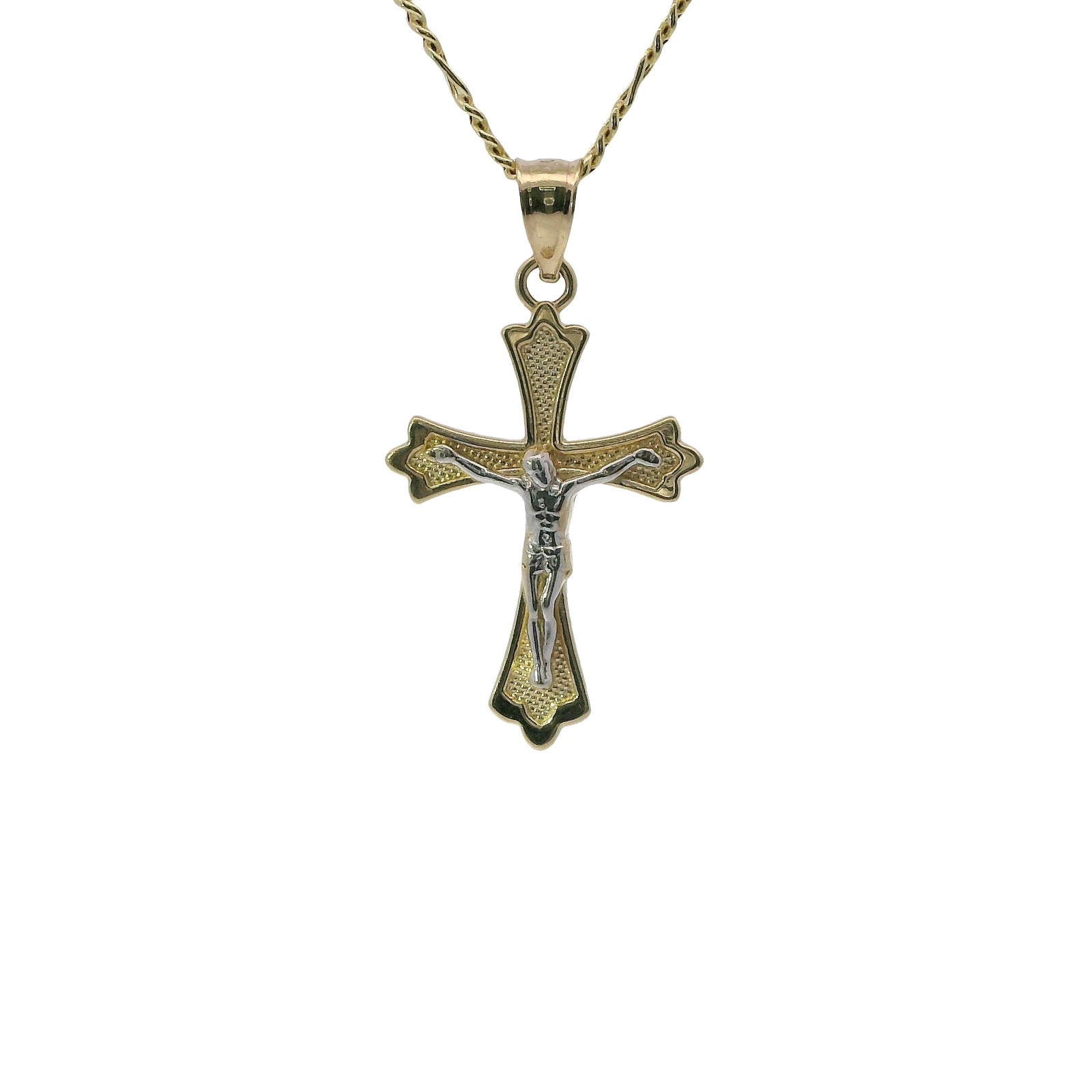 14KT Gold Charm Small Two Tone Point Flare Ends Crucifix Cross with Plain Bell