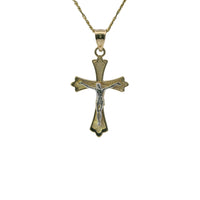 14KT Gold Charm Small Two Tone Point Flare Ends Crucifix Cross with Plain Bell