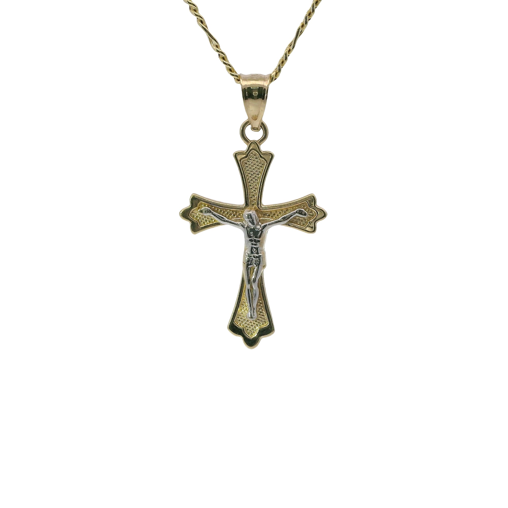 14KT Gold Charm Small Two Tone Point Flare Ends Crucifix Cross with Plain Bell