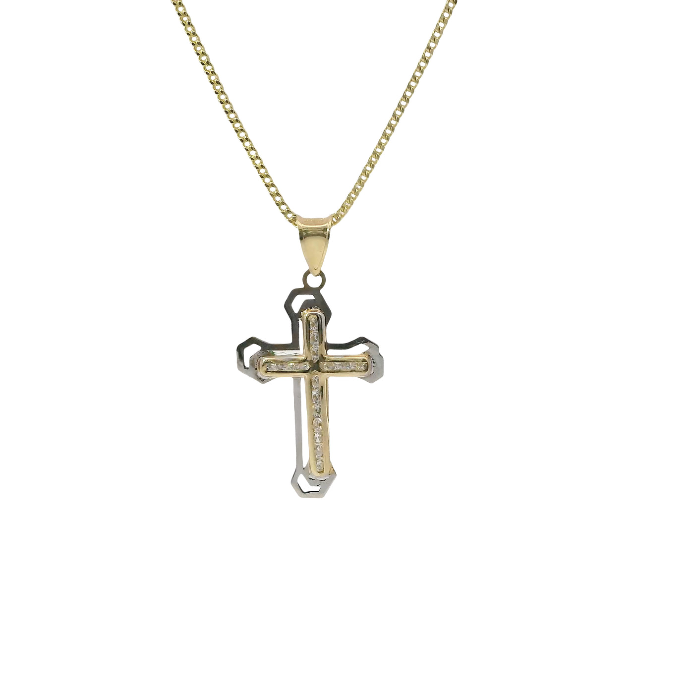 14KT Gold Charm Small White CZ Stones Cross Center with Open White Gold Shadow and Plain Bell