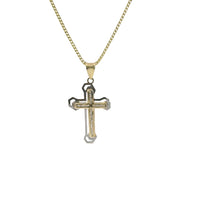 14KT Gold Charm Small White CZ Stones Cross Center with Open White Gold Shadow and Plain Bell