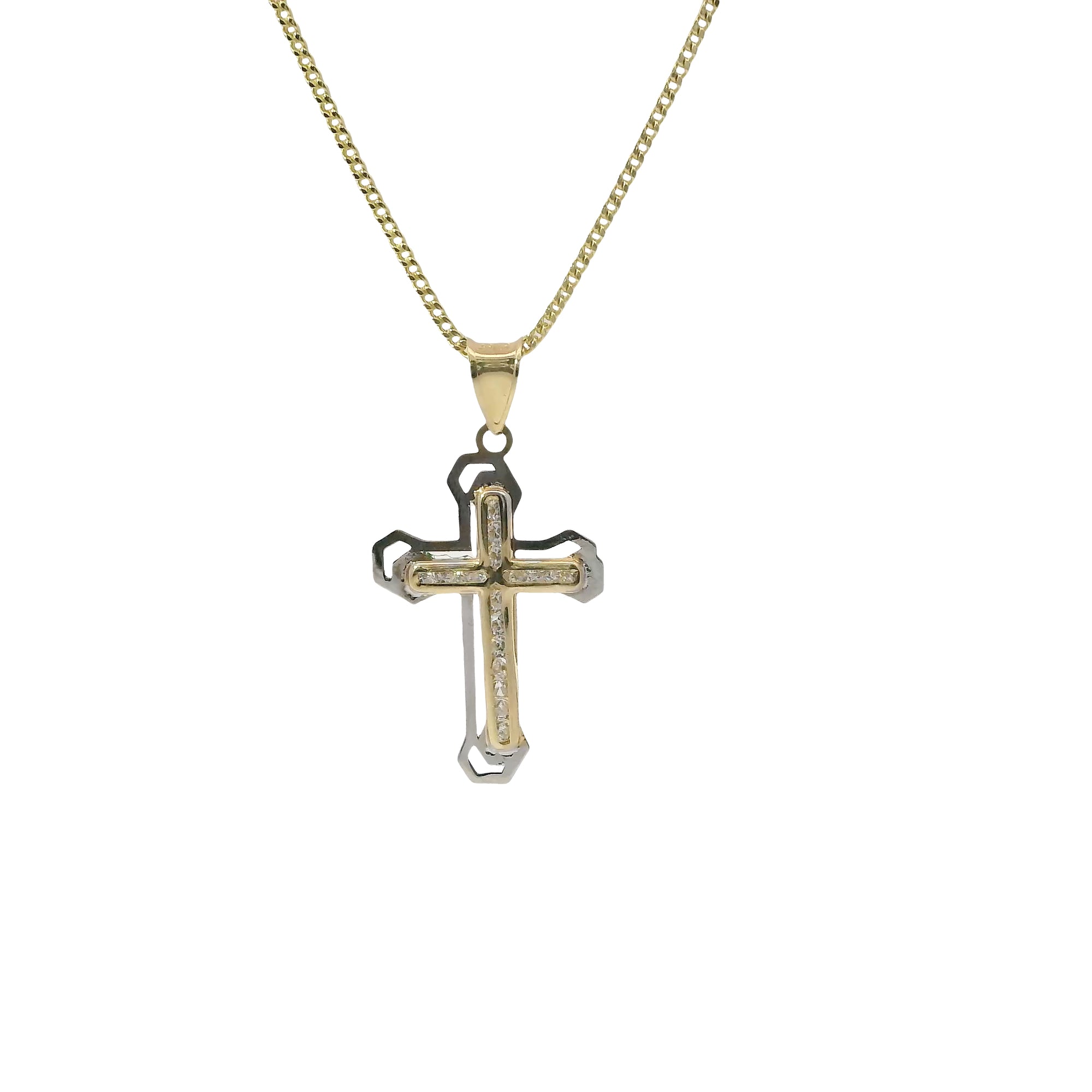 14KT Gold Charm Small White CZ Stones Cross Center with Open White Gold Shadow and Plain Bell