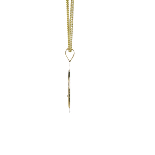 14KT Gold Charm Small White CZ Stones Cross Center with Open White Gold Shadow and Plain Bell