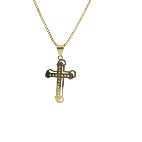 14KT Gold Charm Small White CZ Stones Cross Center with Open White Gold Shadow and Plain Bell
