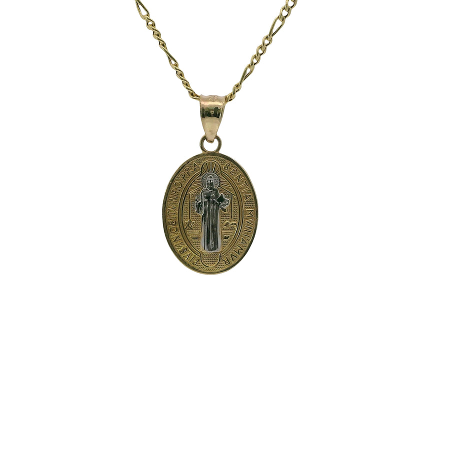14KT Gold Charm Small Two Tone Oval St Benedict Coin with Plain Bell