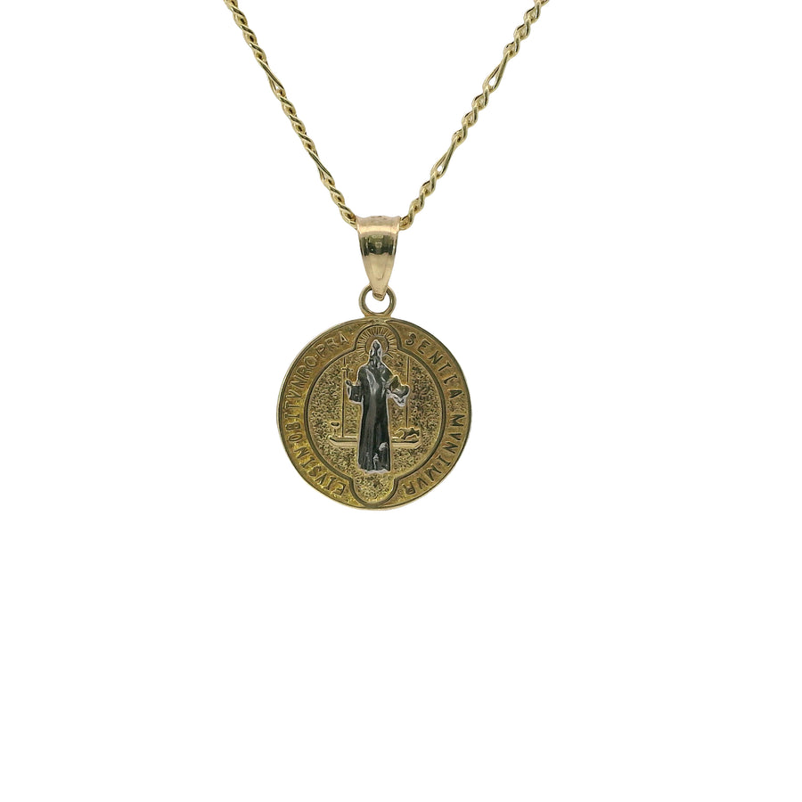 14KT Gold Charm Extra Small Round Two Tone St Benedict Coin with Plain Bell