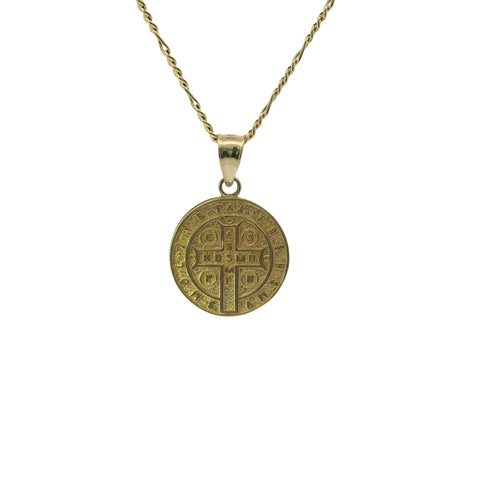 14KT Gold Charm Extra Small Round Two Tone St Benedict Coin with Plain Bell