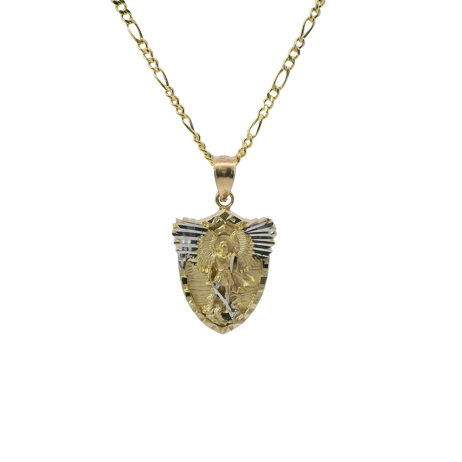 14KT Gold Charm Small Two Tone Gardian Angel Shield Shape Coin with White Gold Diamond Cut Wings and Plain Bell