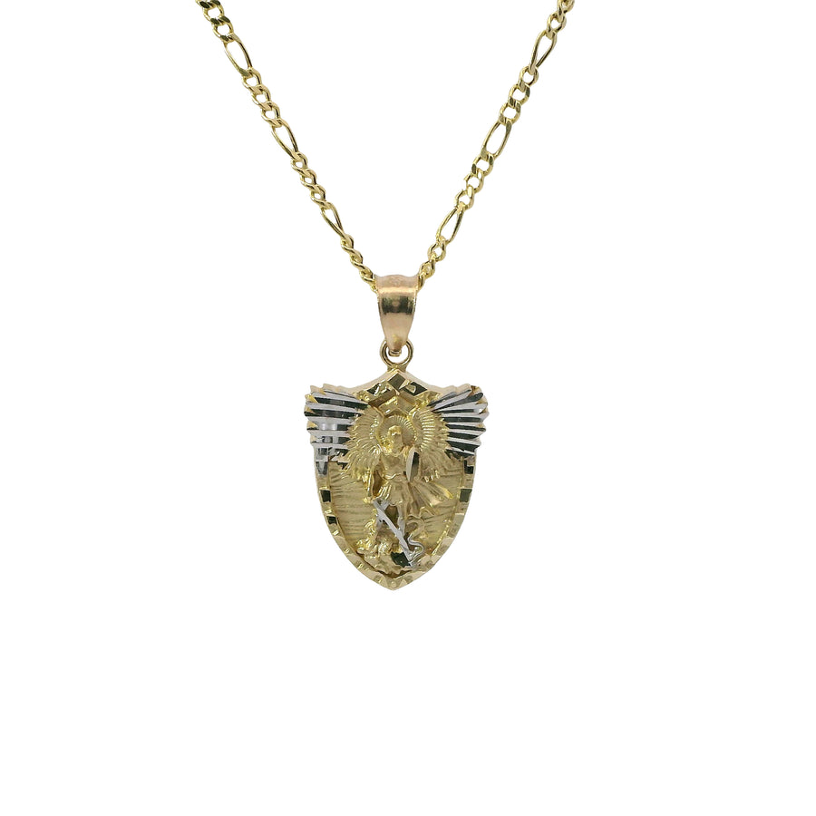 14KT Gold Charm Small Two Tone Gardian Angel Shield Shape Coin with White Gold Diamond Cut Wings and Plain Bell