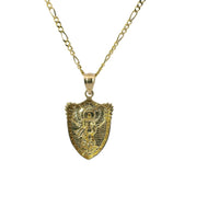 14KT Gold Charm Small Two Tone Gardian Angel Shield Shape Coin with White Gold Diamond Cut Wings and Plain Bell
