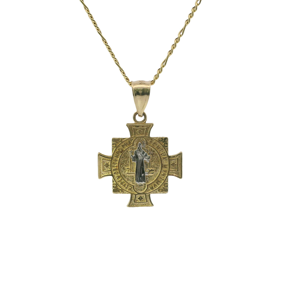 14KT Gold Charm Small Maltese Cross Two Tone St Benedict Coin with Plain Bell