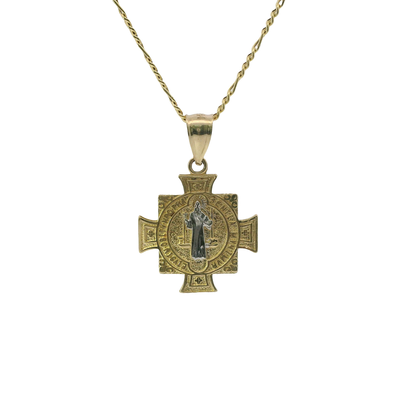 14KT Gold Charm Small Maltese Cross Two Tone St Benedict Coin with Plain Bell