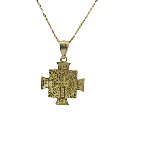 14KT Gold Charm Small Maltese Cross Two Tone St Benedict Coin with Plain Bell