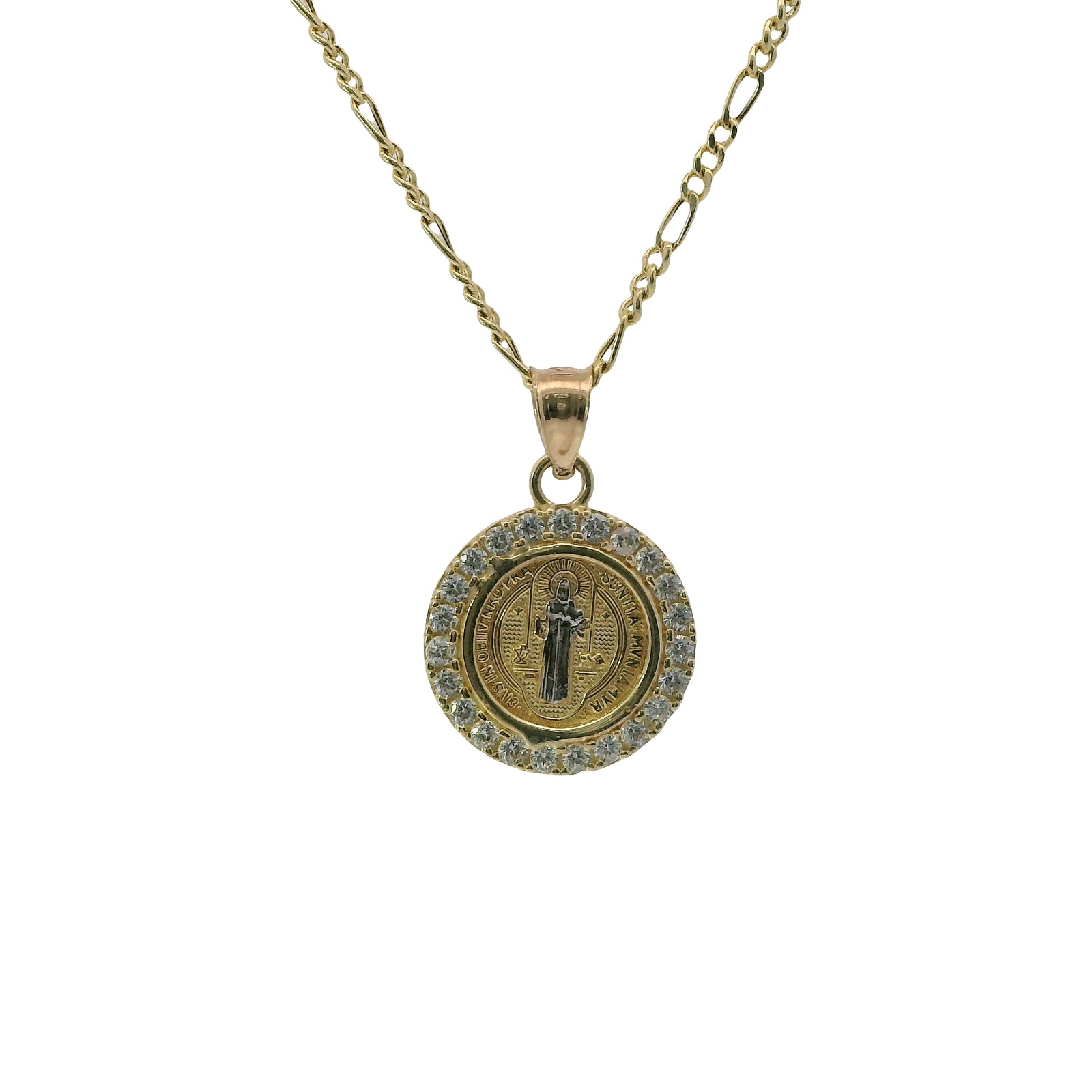 14KT Gold Charm Extra Small Round Two Tone St Benedict Coin with White CZ Stones Border and Plain Bell