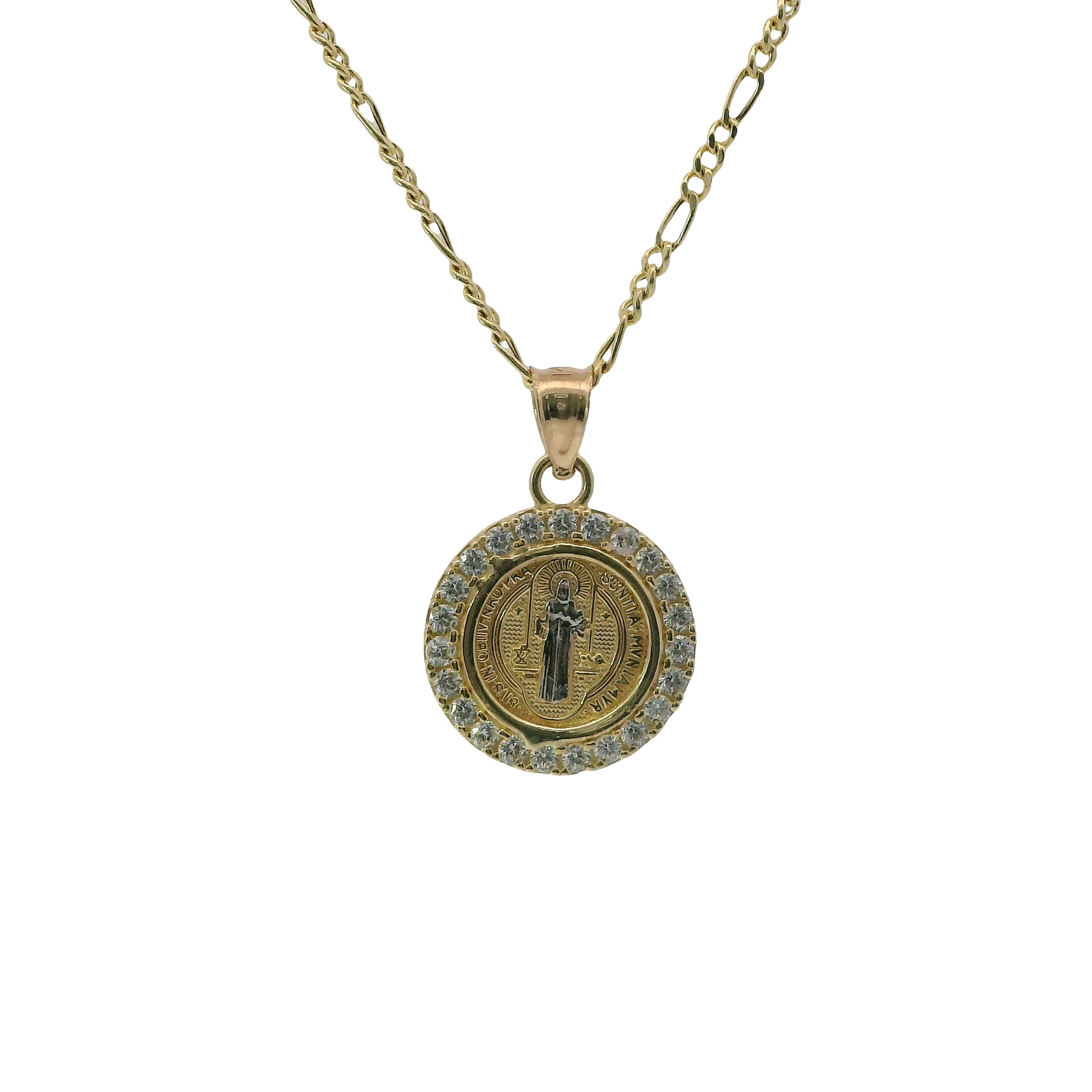 14KT Gold Charm Extra Small Round Two Tone St Benedict Coin with White CZ Stones Border and Plain Bell