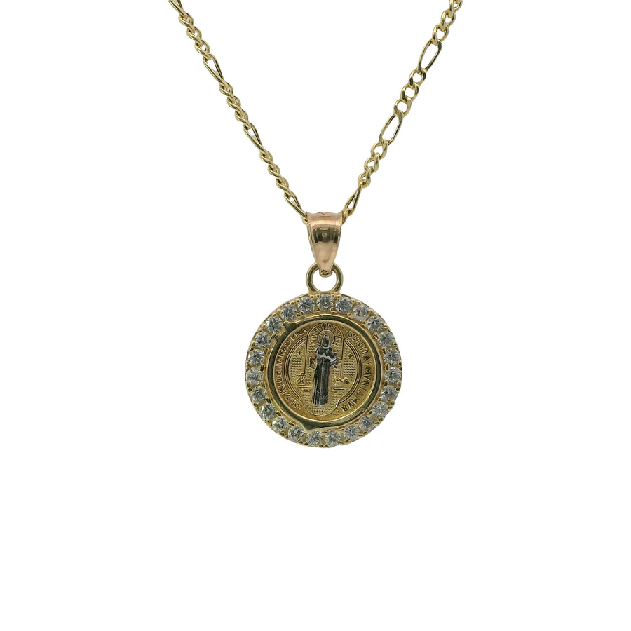 14KT Gold Charm Extra Small Round Two Tone St Benedict Coin with White CZ Stones Border and Plain Bell