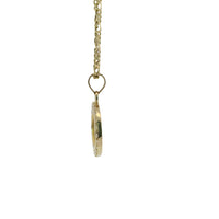 14KT Gold Charm Extra Small Round Two Tone St Benedict Coin with White CZ Stones Border and Plain Bell