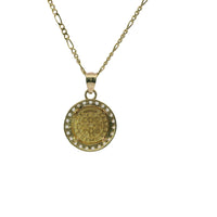 14KT Gold Charm Extra Small Round Two Tone St Benedict Coin with White CZ Stones Border and Plain Bell
