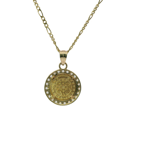 14KT Gold Charm Extra Small Round Two Tone St Benedict Coin with White CZ Stones Border and Plain Bell