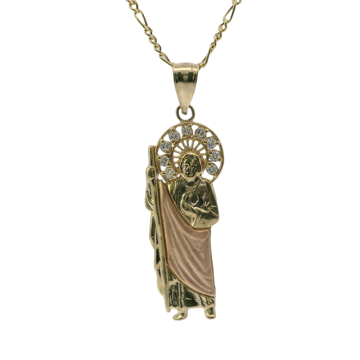 14KT Gold Charm Small Two Tone St Jude Left Facing with White CZ Stones Sunray Halo and Plain Bell