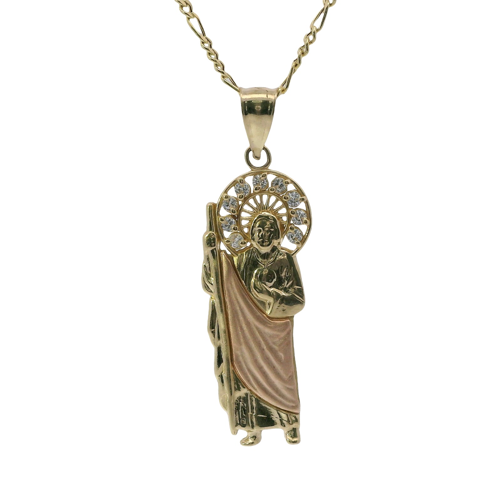 14KT Gold Charm Small Two Tone St Jude Left Facing with White CZ Stones Sunray Halo and Plain Bell