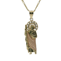 14KT Gold Charm Small Two Tone St Jude Left Facing with White CZ Stones Sunray Halo and Plain Bell