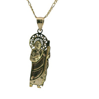 14KT Gold Charm Small Two Tone St Jude Left Facing with White CZ Stones Sunray Halo and Plain Bell