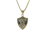 14KT Gold Charm Small Two Tone St Michael Shield Shape Coin with White Gold Diamond Cut Wings and Plain Bell
