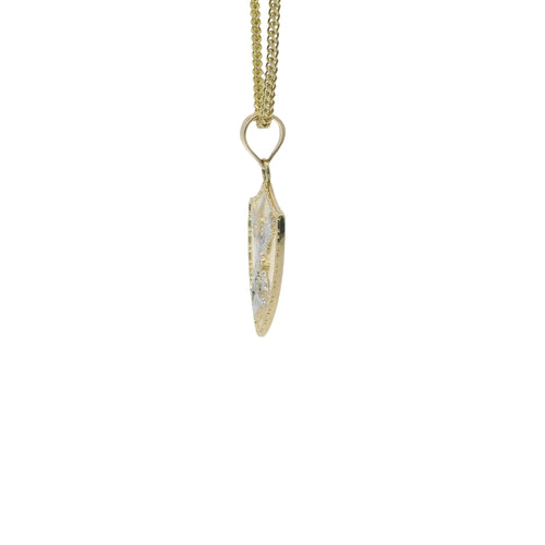 14KT Gold Charm Small Two Tone St Michael Shield Shape Coin with White Gold Diamond Cut Wings and Plain Bell
