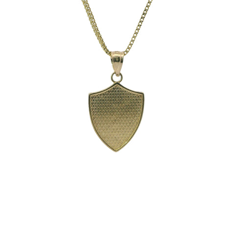 14KT Gold Charm Small Two Tone St Michael Shield Shape Coin with White Gold Diamond Cut Wings and Plain Bell