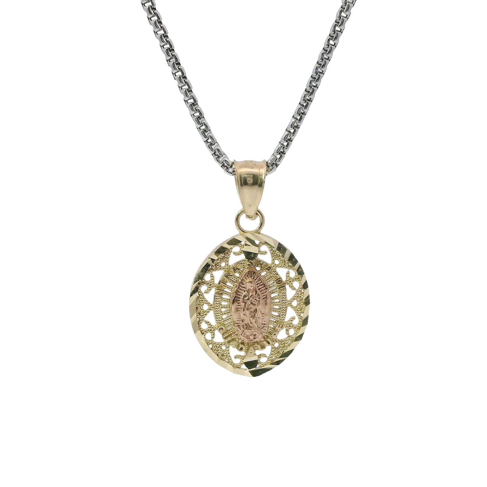 14KT Gold Charm Small Two Tone Open Swirl Pointed Oval Virgin Mary with Diamond Cut Edge and Plain Bell