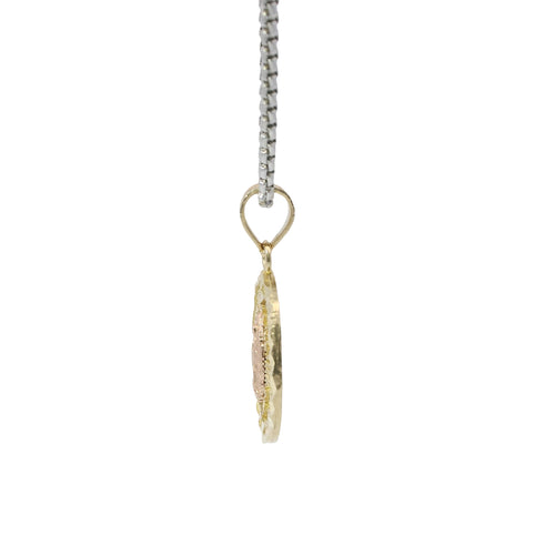 14KT Gold Charm Small Two Tone Open Swirl Pointed Oval Virgin Mary with Diamond Cut Edge and Plain Bell