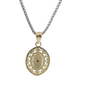 14KT Gold Charm Small Two Tone Open Swirl Pointed Oval Virgin Mary with Diamond Cut Edge and Plain Bell