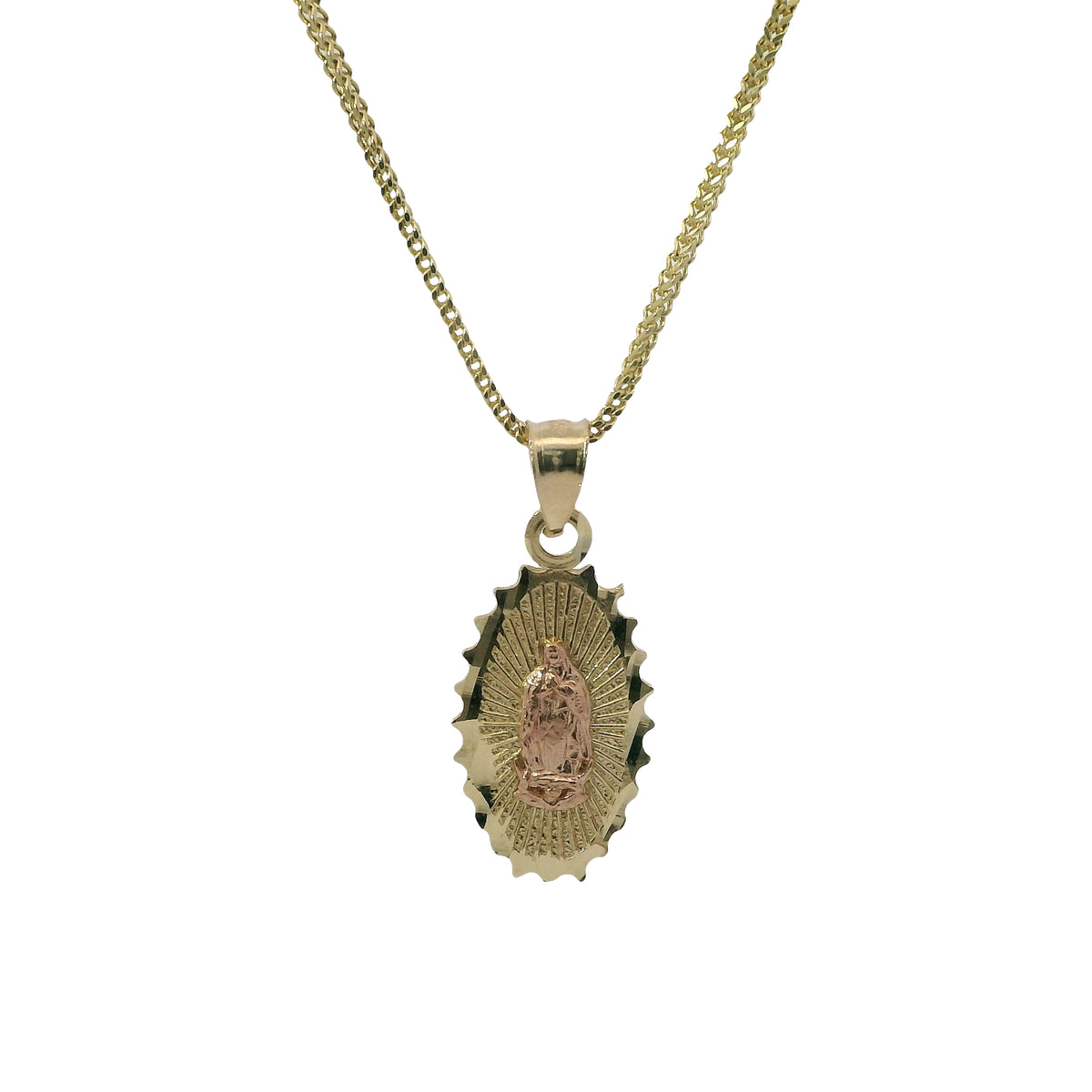 14KT Gold Charm Small Two Tone Spiked Oval Virgin Mary Coin with Diamond Cut Edge and Plain Bell