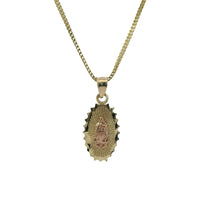 14KT Gold Charm Small Two Tone Spiked Oval Virgin Mary Coin with Diamond Cut Edge and Plain Bell