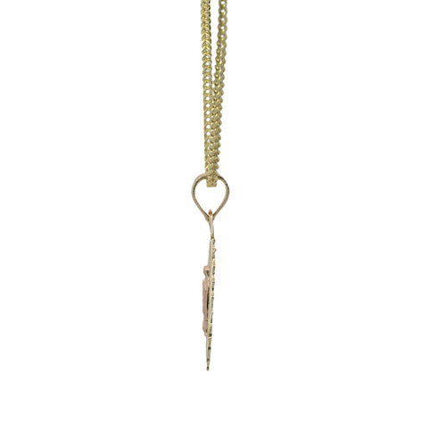 14KT Gold Charm Small Two Tone Spiked Oval Virgin Mary Coin with Diamond Cut Edge and Plain Bell
