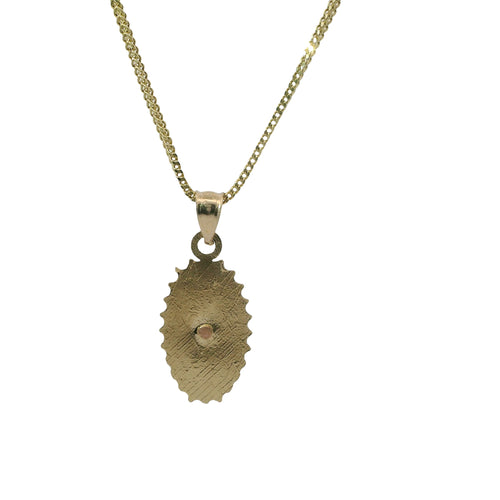 14KT Gold Charm Small Two Tone Spiked Oval Virgin Mary Coin with Diamond Cut Edge and Plain Bell