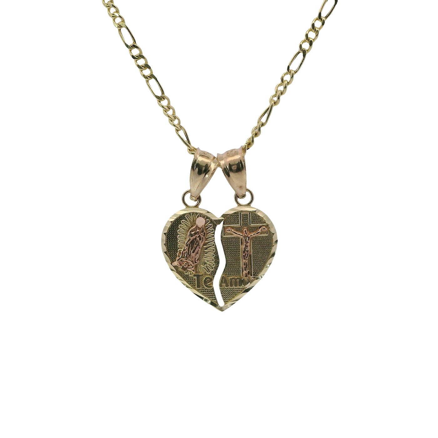 14KT Gold Charm Small Two Tone "Te Amo" Broken Heart with Right Jesus Crucifix and Left Virgin Mary Diamond Cut Border and Double Plain Bell