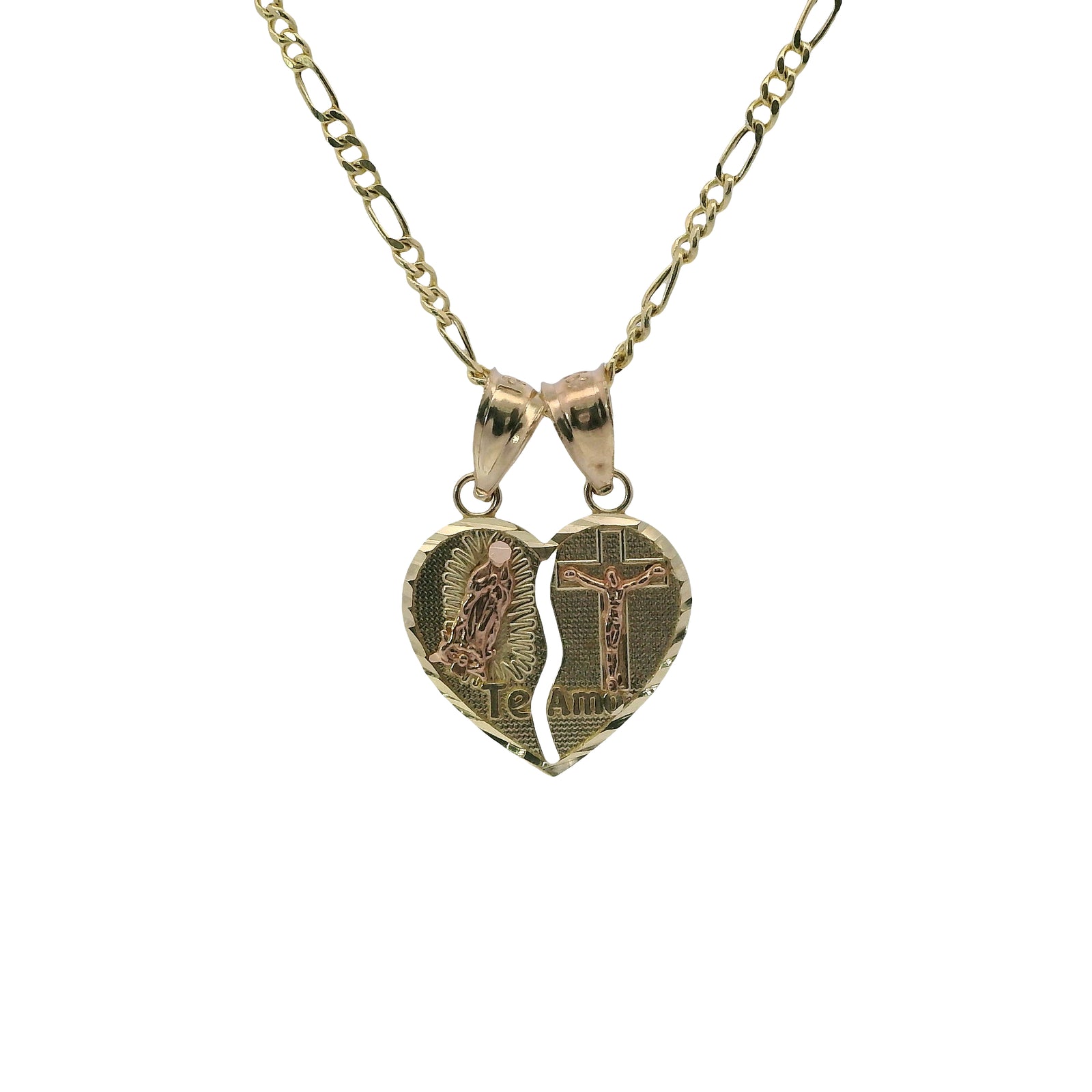 14KT Gold Charm Small Two Tone "Te Amo" Broken Heart with Right Jesus Crucifix and Left Virgin Mary Diamond Cut Border and Double Plain Bell