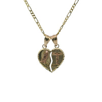 14KT Gold Charm Small Two Tone "Te Amo" Broken Heart with Right Jesus Crucifix and Left Virgin Mary Diamond Cut Border and Double Plain Bell