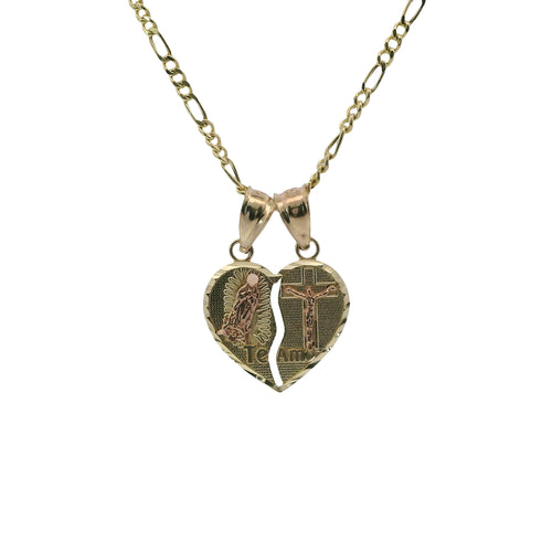14KT Gold Charm Small Two Tone "Te Amo" Broken Heart with Right Jesus Crucifix and Left Virgin Mary Diamond Cut Border and Double Plain Bell