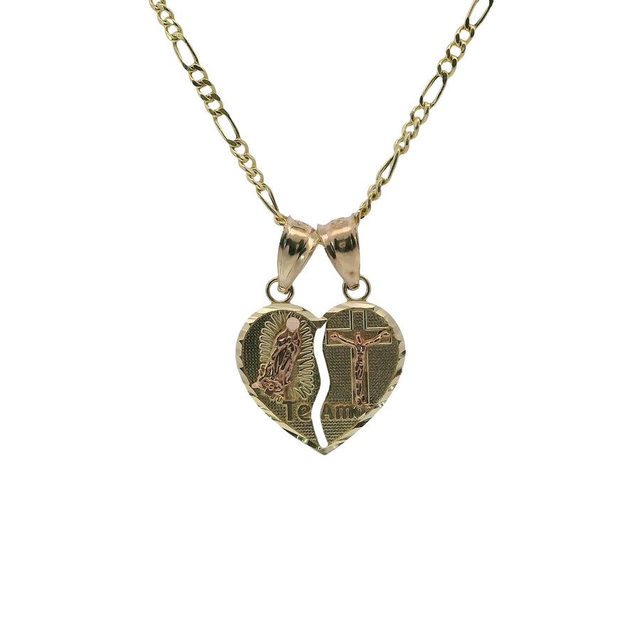 14KT Gold Charm Small Two Tone "Te Amo" Broken Heart with Right Jesus Crucifix and Left Virgin Mary Diamond Cut Border and Double Plain Bell