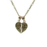 14KT Gold Charm Small Two Tone "Te Amo" Broken Heart with Right Jesus Crucifix and Left Virgin Mary Diamond Cut Border and Double Plain Bell