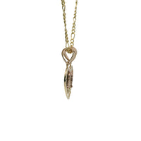 14KT Gold Charm Small Two Tone "Te Amo" Broken Heart with Right Jesus Crucifix and Left Virgin Mary Diamond Cut Border and Double Plain Bell
