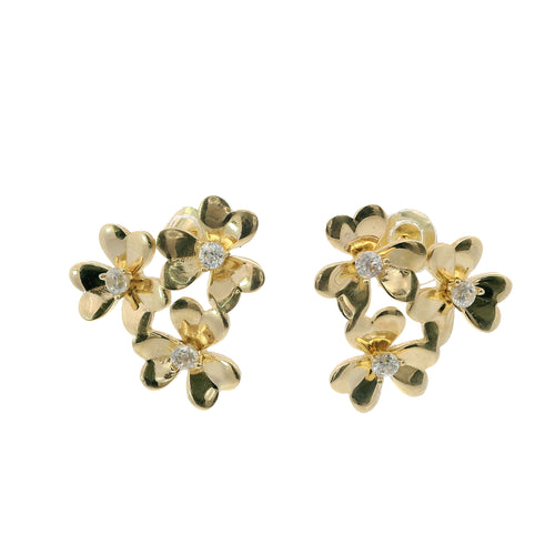 14KT Gold Earrings Small Triple Heart Petal Flower with White CZ Stone Center, Push Back Post, and Butterfly Backs